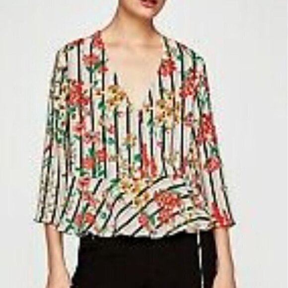 ZARA Multi color Blouse cache Flowers Wrap Striped - Picture 1 of 12